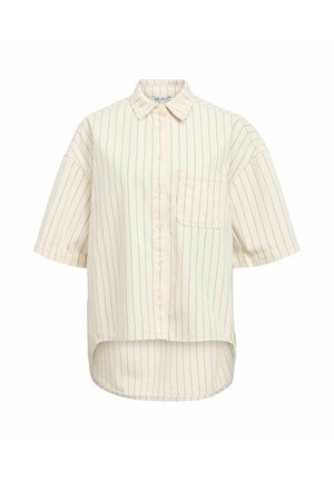Chemise crème à manches courtes boutonnée, avec fines rayures verticales noires, poche poitrine devant et un ourlet légèrement arrondi.