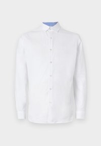 Camisa blanca de manga larga con botones en la parte delantera y cuello interior patrón azul, exhibida sobre un fondo liso.