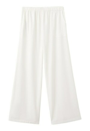 Pantalones blancos de pierna ancha con cinturilla elástica y bolsillos frontales, confeccionados con una tela ligera para un uso cómodo.