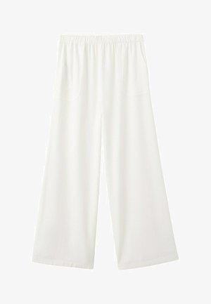 Bijele hlače širokih nogavica s elastičnim pojasom i prednjim džepovima, izrađene od laganog materijala za udobno nošenje.