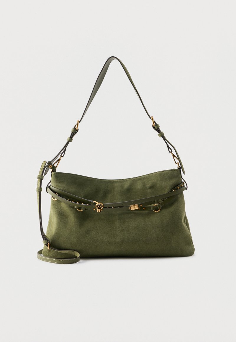 Χιαστί τσάντα ώμου από ελιά σουέτ με ρυθμιζόμενο ιμάντα και λεπτή διακοσμητική ζώνη με λεπτομέρειες χρυσού τόνου.