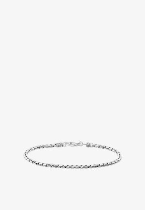 Silberner Kettenarmband mit ineinandergreifenden Gliedern, strukturierten Akzenten und einem Verschluss, sowie glatten und polierten Metalloberflächen.