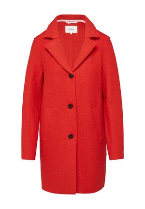 Manteau en laine rouge avec un col cranté, fermeture à un seul bouton et deux poches avant. Présente une finition texturée et une silhouette cintrée.