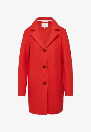 Manteau en laine rouge avec un col cranté, fermeture à un seul bouton et deux poches avant. Présente une finition texturée et une silhouette cintrée.