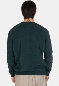 Maglione lavorato a maglia verde scuro con un motivo testurizzato sulle maniche, polsini e orlo a coste. Design classico a girocollo, spessore medio.