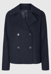 Cappotto doppiopetto in misto lana blu navy con ampi rever, due tasche frontali prominenti e quattro bottoni argentati, caratterizzato da un esterno texturizzato.