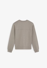Sudadera gris claro con cuello redondo, mangas largas y puños acanalados. Presenta una textura suave con un detalle de costura horizontal en la parte posterior.