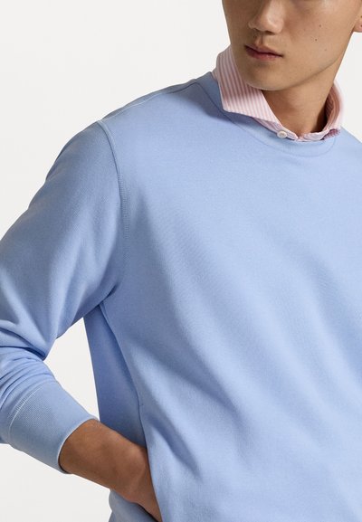 Sweatshirt bleu clair, en coton, col rond, avec des poignets côtelés, superposé à une chemise à col rose et blanche rayée. Texture lisse, coutures minimales.