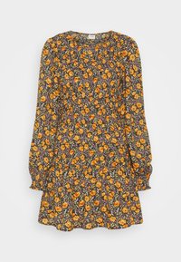 Vestido de manga larga con fondo negro y vibrantes patrones florales en naranja y púrpura, con detalle fruncido en el escote y los puños.