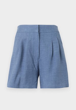 Shorts bleu taille haute, cintrés, avec plis sur le devant et fermeture éclair dissimulée, confectionnés dans un tissu léger.