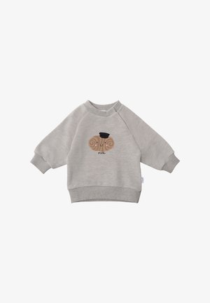 Gray sweatshirt featuring a cute graphic with sheep horns and a hat. It has a rounded neckline and ribbed cuffs and hem.
