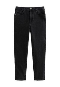Jeans de mezclilla negra con un diseño de pierna recta, cinco bolsillos, cierre delantero con botón y detalles de costura sutiles a lo largo de las costuras.
