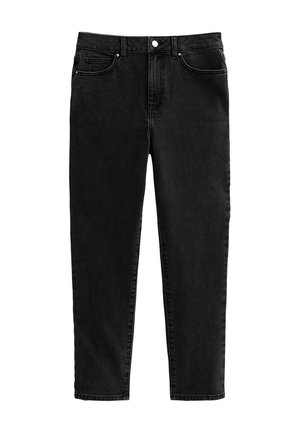 Jeans de mezclilla negra con un diseño de pierna recta, cinco bolsillos, cierre delantero con botón y detalles de costura sutiles a lo largo de las costuras.