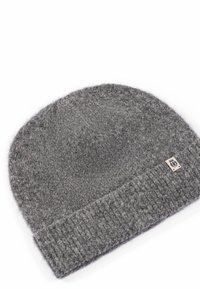 Gray knitted beanie made of soft wool material with a ribbed cuff. Features a small label with a logo on the side.