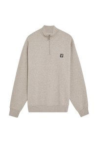 Felpa in pile grigia con colletto alto e chiusura a mezza zip. Presenta una piccola etichetta con logo sul petto e polsini e orlo a costine.