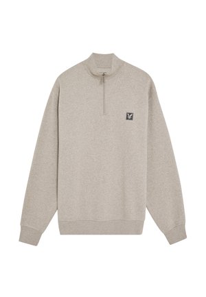 Sweatshirt en polaire grise avec un col montant et une fermeture zippée à mi-longueur. Il possède une petite étiquette logo sur la poitrine et des poignets et un ourlet côtelés.