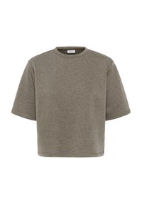 Laatikkomallinen, vaaleanoliivinvihreä t-paita pehmeästä, teksturoidusta kankaasta, jossa on pyöreä kaula-aukko ja lyhyet hihat. Sisältää minimaalista ompeluominaisuutta.