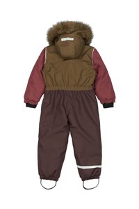 Rjav in maroon izoliran snežni komplet s kapuco obodno obloženo z umetnim krznom, elastičnim pasom, elastičnimi manšetami in odsevnim trakom čez noge.