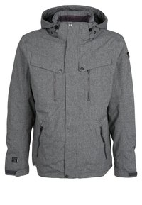 Graue Skijacke mit Kapuze, Reißverschlussfront und seitlichen Taschen, aus strukturiertem Stoff gefertigt. Verfügt über Brusttaschen und verstellbare Bündchen.