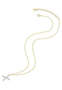 Guldtonad halsband med en tvåtrådig kedja, prydnad med ett korsformat hänge dekorerat med klara rhinestones och en krabbstängning.