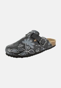 Zoccolo nero slip-on con motivo floreale grigio e accenti metallici argento. Presenta una parte superiore in materiale sintetico e una soletta in sughero con outsole testurizzato.