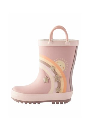 Botte de pluie rose pour enfants avec poignée, décorée d’un arc-en-ciel pastel, d’étoiles scintillantes et d’un dessin de soleil souriant sur le côté.