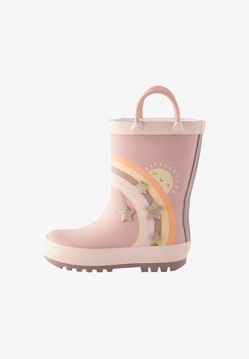 Botte de pluie rose pour enfants avec poignée, décorée d’un arc-en-ciel pastel, d’étoiles scintillantes et d’un dessin de soleil souriant sur le côté.