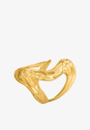 Zlatna apstraktna skulptura s glatkom, sjajnom finišom. Sadrži tekuće oblike i izrez u obliku srca u središtu.