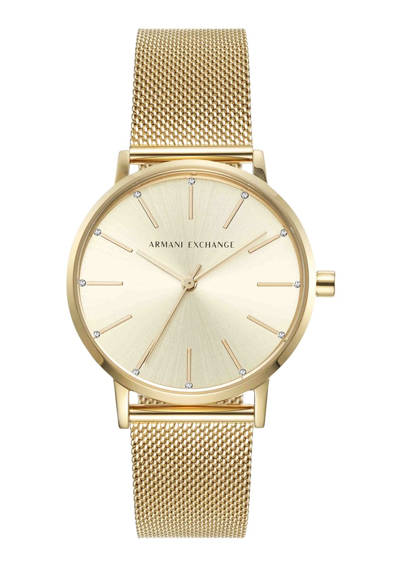 Guldfarvet Armani Exchange armbåndsur med mesh-rem, minimalistisk urskive, tynde timemarkeringer og små krystal accenter ved hver time.