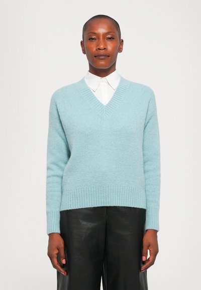 Maglione azzurro chiaro a scollo a V realizzato in materiale morbido, con orlo e polsini a costine. Indossato sopra una camicia bianca con colletto, abbinato a pantaloni neri.