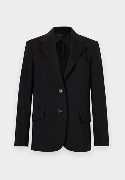 Svart blazer med en strukturert design, slagkrager, to frontlommer og to knapper. Laget av glatt stoff med en skreddersydd passform.