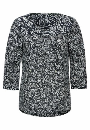 Maglia a maniche lunghe blu scuro con motivo paisley bianco, scollatura a barchetta e design leggermente arricciato sulle spalle e sul busto.