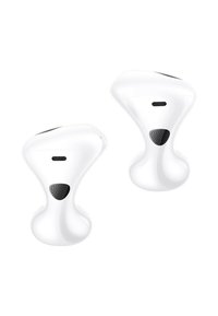 Drahtlose Ohrhörer mit glänzender weißer Oberfläche, ergonomischer Form und schwarzen Lautsprechermesh-Akzenten. Kompaktes Design für angenehmen Tragekomfort.