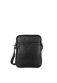 Borsa a tracolla in pelle nera con finitura testurizzata, tasca frontale con zip e tracolla regolabile. Scomparto principale imbottito per una conservazione sicura.