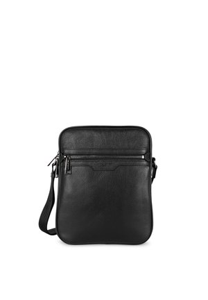 Black leather messenger bag with a textured finish, zippered front pocket, and adjustable strap. Padded main compartment for secure storage.