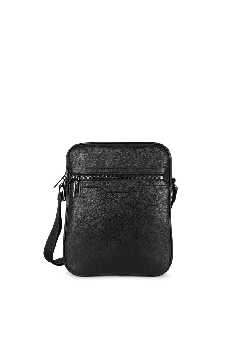 Borsa a tracolla in pelle nera con finitura testurizzata, tasca frontale con zip e tracolla regolabile. Scomparto principale imbottito per una conservazione sicura.