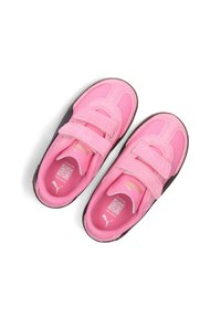 Pink athletic shoes with hook-and-loop straps, cushioned interior, and brown rubber soles. Features low profile and soft suede accents.
