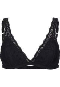Zwarte kanten bralette met een driehoekige vorm, bloemenpatroon, verstelbare bandjes en een zachte onderband. Geen padding of beugel aanwezig.