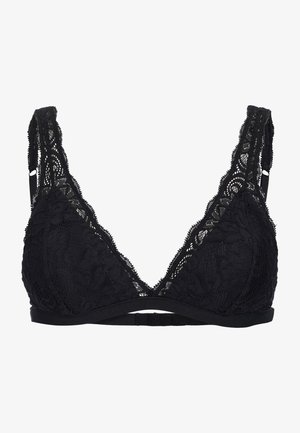 Zwarte kanten bralette met een driehoekige vorm, bloemenpatroon, verstelbare bandjes en een zachte onderband. Geen padding of beugel aanwezig.