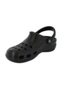 Black rubber clog with perforations, back strap, and lightly textured surface. Features a logo on the side and contoured footbed.