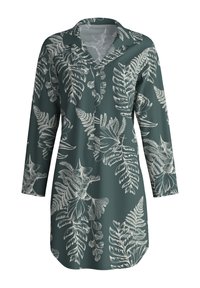 Camicia verde con bottoni e maniche lunghe, caratterizzata da una stampa botanica bianca di felci e fiori, con una texture morbida e una vestibilità rilassata.
