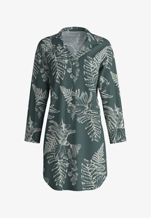 Groene overhemd met lange mouwen, voorzien van een witte botanische afdruk van varens en bloemen, zachte textuur en een ontspannen pasvorm.