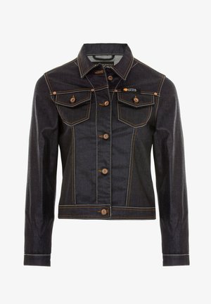 Dunkelblaue Jeansjacke mit taillierter Passform, kontrastierenden orangefarbenen Nähten, zwei Vordertaschen und Metallknöpfen. Klassischer Kragen und lange Ärmel.