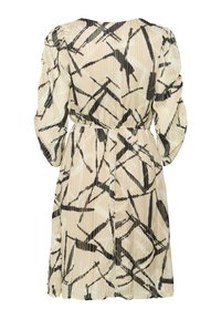 Robe beige clair avec un motif abstrait noir. Présente des manches bouffantes longues et une taille cintrée. Fabriquée dans un matériau texturé et fluide.
