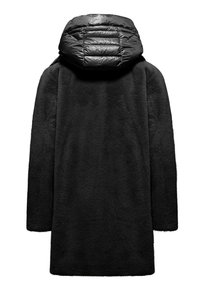 Cappotto nero in un tessuto strutturato e soffice, con cappuccio caratterizzato da un design trapuntato. Il cappotto ha una linea dritta e maniche lunghe.