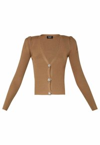 Brauner, gerippter Cardigan mit V-Ausschnitt, langen Ärmeln und drei dekorativen Knöpfen mit floralen Akzenten vorne. Weiche Textur.