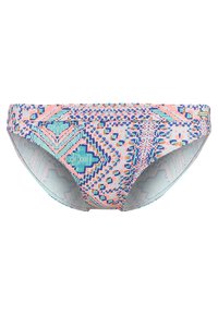 Dažādu krāsu bikini apakšdaļa ar ģeometrisku rakstu rozā, zilā un tirkīza krāsā. Izgatavota no gludas auduma, ar vidējas augstuma dizainu.