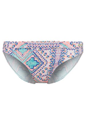 Bikini donji dio u više boja s geometrijskim uzorkom u ružičastoj, plavoj i tirkiznoj boji. Izrađen od glatkog materijala, s dizajnom srednjeg rasta.