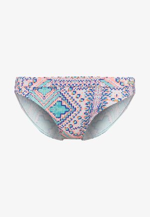 Multikleurige bikini onderkant met een geometrisch patroon in roze, blauw en turquoise. Gemaakt van een gladde stof, met een middelhoge pasvorm.