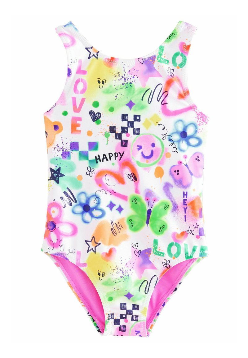 Bunter Einteiler-Badeanzug mit einem Muster aus Blumen, Schmetterlingen und Smiley-Gesichtern. Er hat einen weißen Grundton und pinke Akzente an den Seiten.